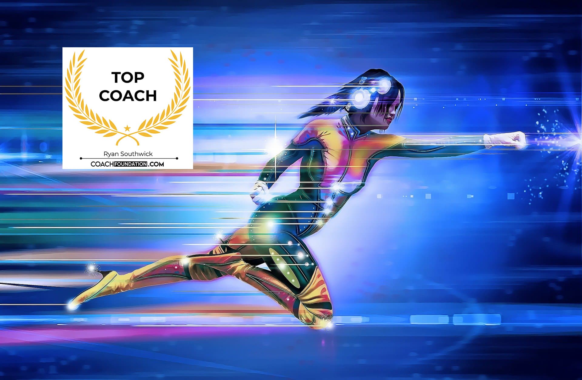 Woman in a superhero outfit flying confidently ahead. 'Top Coach | Ryan Southwick | CoachFoundation.com'